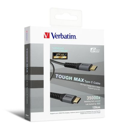 VERBATIM 120CM TYPE-C TO TYPE-C 2.0 TOUGH MAX E-MARKER KEVLAR CABLE PD100W 480MB/s DATA TRANSFER-GREY #66065