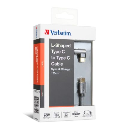 VERBATIM 120CM L-SHAPED TYPE-C to TYPE-C CABLE (PD60W &amp; 480Mbps)- GREY #66759