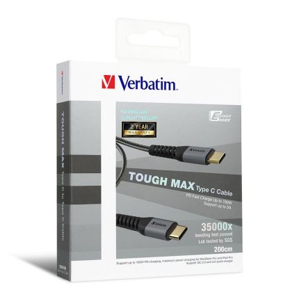 VERBATIM 200CM TYPE-C TO TYPE-C CABLE TOUGH MAX E-MARKER KEVLAR PD100W 480MB/s DATA TRANSFER -GREY #66066