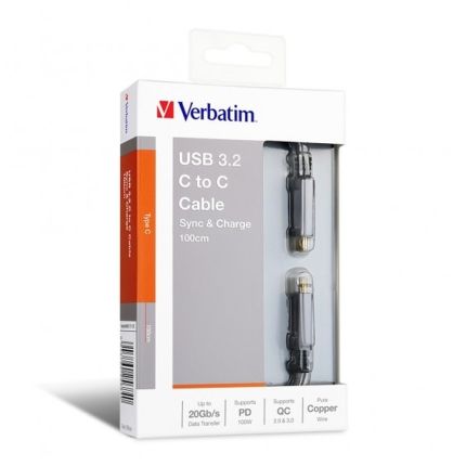 VERBATIM 100CM TYPE-C TO USB 3.2 E-MARKER CABLE PD 100W  20GB/s DATA TRANSFER (CHARGE&amp;SYNC)-GREY #65684 - CAN CHARGE LAPTOP