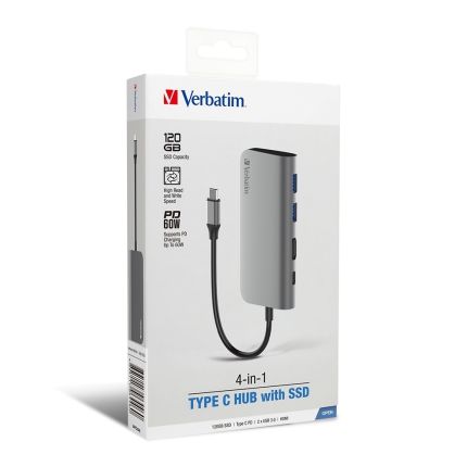 VERBATIM 4-IN-1 TYPE-C HUB WITH SSD 120GB (TYPE-C PD/HDMI/USB3.0x2) - GREY #66446