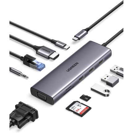 UGREEN 10-IN-1 MULTIFUNCTIONAL ADAPTER USB-C TO USB-C PD/TF/SD/3*USB-A 3.0/RJ45/3.5MM/VGA/4K HDMI #15601