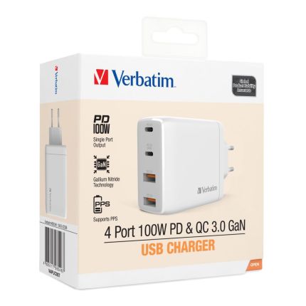 VERBATIM 4-PORT 100W WITH TYPE-C PD + QC 3.0 USB CHARGER - WHITE #66546 (2-PIN)