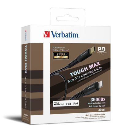 VERBATIM 30CM TYPE-C TO LIGHTNING CABLE TOUGH MAX MFI KEVLAR-BLACK #66046