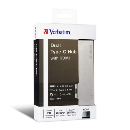 VERBATIM DUAL TYPE-C HUB WITH HDMI,PD, USB3.0 x2 &amp; SD/MICROSD #66317