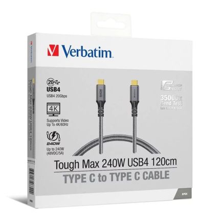 VERBATIM 120CM TYPE-C TO TYPE-C TOUGH MAX E-MARKER DUPOONT KEVLAR PD3.1 240W -GREY (SUPPORTS VIDEO TRANSFER UP TO 4K/60HZ, DATA TRANSFER TO 20GBPS, COMPATIBLE THUNDERBOLT 3) #66822