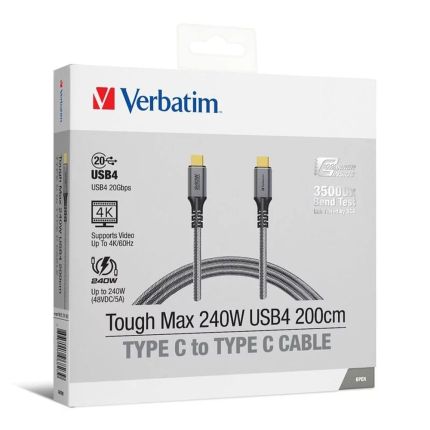 VERBATIM 200CM TYPE-C TO TYPE-C TOUGH MAX E-MARKER DUPOONT KEVLAR PD3.1 240W -GREY (SUPPORTS VIDEO TRANSFER UP TO 4K/60HZ, DATA TRANSFER TO 20GBPS, COMPATIBLE THUNDERBOLT 3) #66823