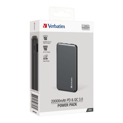 VERBATIM 20000mAH POWER BANK PD 22.5W + QC3.0-GREY #66628