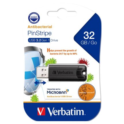 VERBATIM 32GB ANTIBACTERIAL PINSTRIPE USB 3.2 GEN1 DRIVE (BLACK) (MICROBAN) #66775