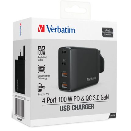 VERBATIM 4-PORT 100W WITH TYPE-C PD + QC 3.0 USB CHARGER -BLACK #66545 (2-PIN)*