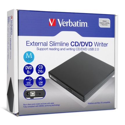 VERBATIM SLIM EXTERNAL CD/DVD WRITER USB 2.0 (BLACK) #66817